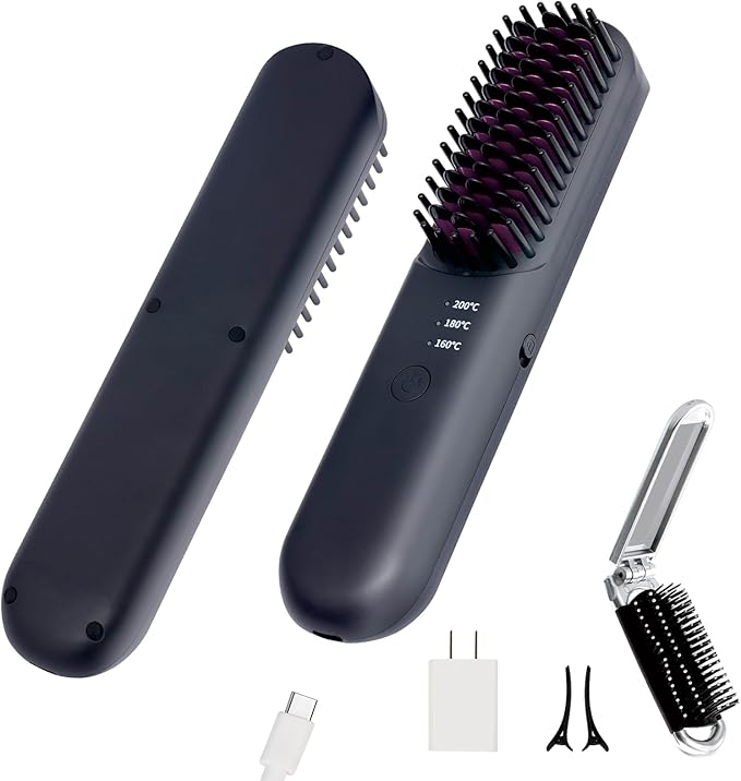 Hot Comb Electric, Cordless Hair Straightener Brush Travel, Mini Hair Brush, Heated Comb with 3 Temp Settings, Rechargeable Portable Hair Straightener for Women, Auto Shut-Off, Anti-Scald