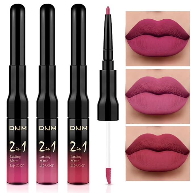 3Pcs 2 in 1 Rose Red Plum Warm Pink Deep Cranberry Lip Liner and Liquid Lipstick Stain Makeup Set for women, Long Lasting Smudge Proof Lip Tint Matte Finish Lip Gloss for All-Day Color Hold , Set14