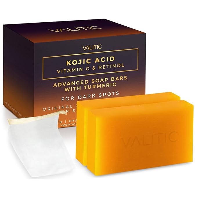 VALITIC Kojic Acid Vitamin C and Retinol Soap Bars with Turmeric for Dark Spot - Original Japanese Complex Infused with Collagen, Hyaluronic Acid, Vitamin E (2 Pack) - With Scrub Bag