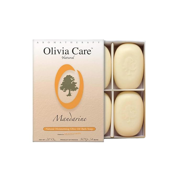 Olivia Care Bath & Body Bar Mandarin Soap 4 Pack Gift Box Organic, Vegan & Natural Contains Olive Oil Repairs, Hydrates, Moisturizes & Deep Cleans Good for Sensitive Dry Skin Made in USA