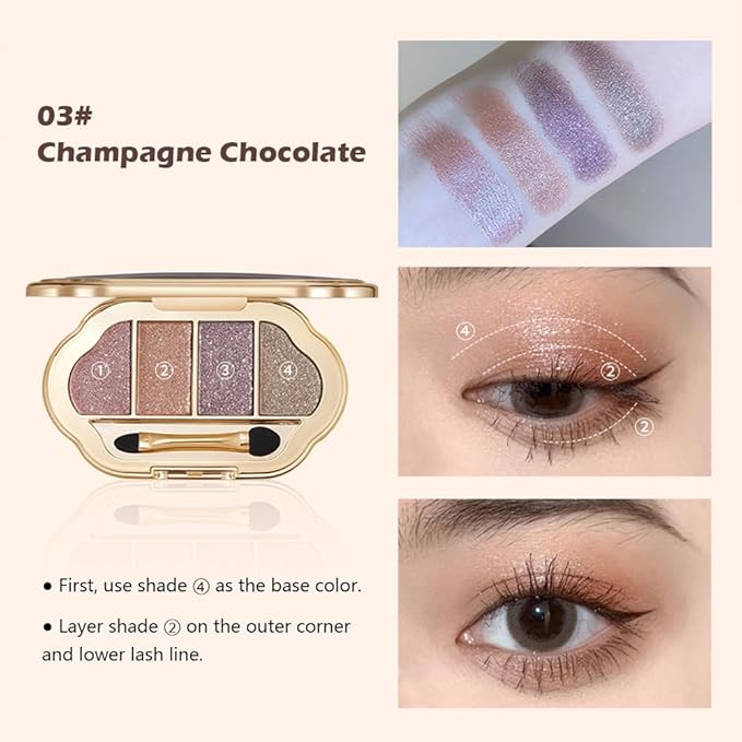 Nude Eyeshadow Palette 4 Colors, Champagne Chocolate Shimmer Matte Nude Eye Shadow Quad, Smooth Long-Lasting Highly Pigmented Formula, Easy for Beginners, Ideal for Daily Soft Glam Makeup, 3#
