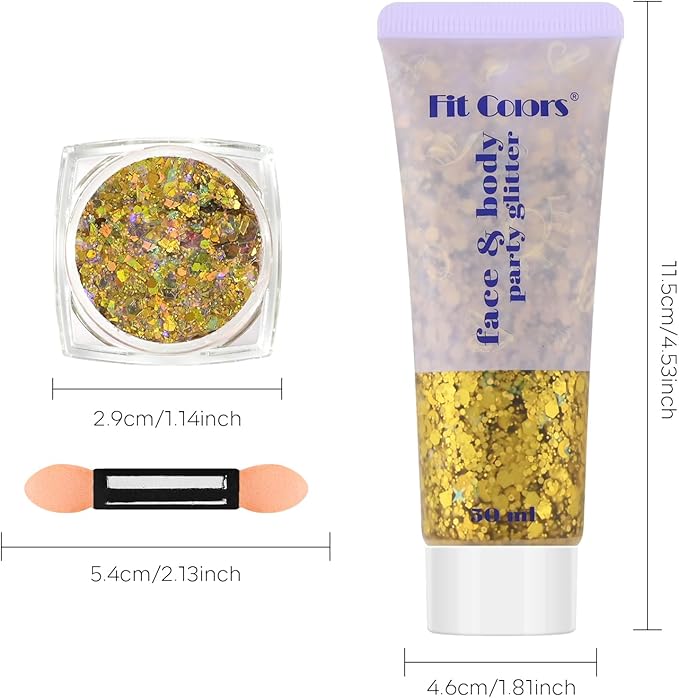Gold Face and Body Glitter Gel, Party Concerts Cheer Face Paint Holographic Chunky Festival Rave Accessories Glitter Makeup Gel, 6 Kinds of Sparkling Sequins for Hair Nail Eye Lip Body