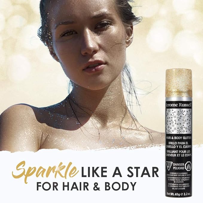 Jerome Russell Temporary Hair and Body Glitter Color Spray, Travel Spray, Lightweight, Adds Sparkly Shimmery Glow, Perfect to use On Hair, Skin, or Clothing, 2.2 oz - Glitter GOLD x 1 Pack