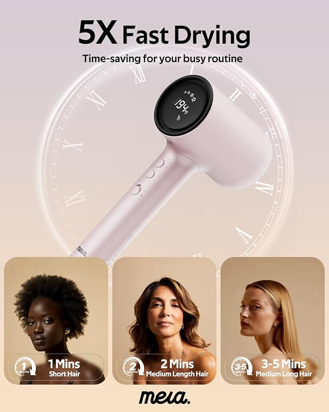 Professional Hair Dryer with Diffuser (Mera ProMax Ionic-X) - Fast Drying, Anti-Static Blowdryer Full Tool Set for Women & Stylists, 1-Button Cooling Mode, cUL Certified, Self-Cleaning, LED Screen