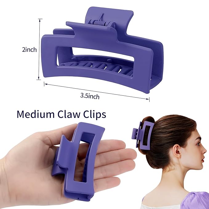 3.5 Inch Medium Hair Claw Clips 6 Pack Hair Clips for Women Square Rectangle Claw for Hair Banana Jaw Clips Hair Accessories for Girls (Purple)