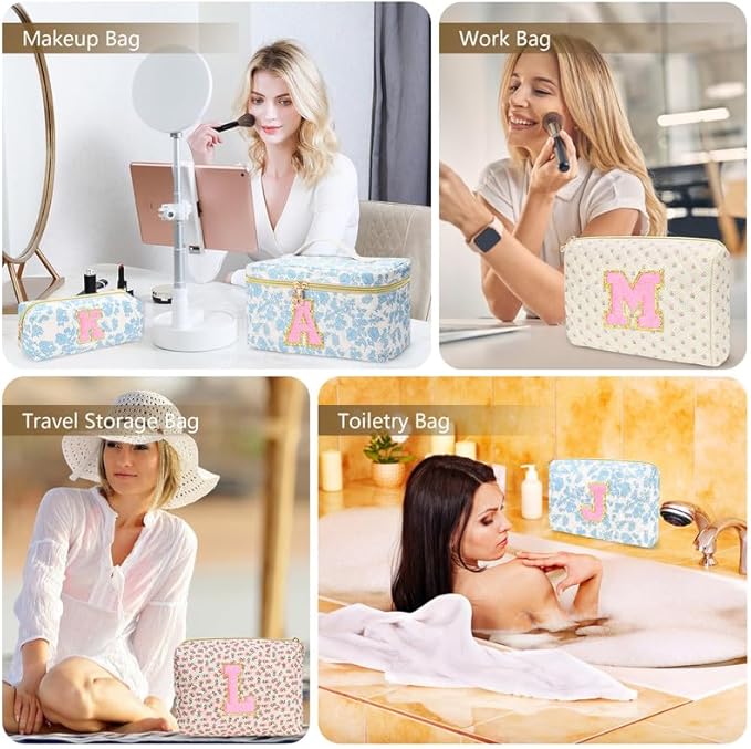 3 PCS Travel Makeup Bag Set, A–Z Initials Cotton Quilted Cosmetic Bag for Women & Preppy, Personalized Toiletry Bag Travel Accessories Makeup Brushes Organizer, Valentine’s Day & Birthday Gift for Her