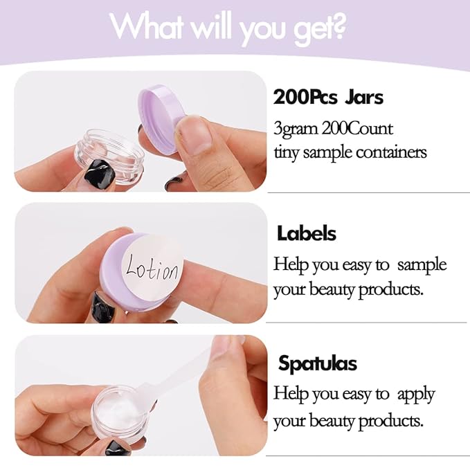 3 Gram Sample Jars with Lids, 200 Count Tiny Mini Cosmetic Containers with Labels, Makeup Travel Containers with Lids, Mini Disposable Spatulas