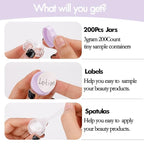 3 Gram Sample Jars with Lids, 200 Count Tiny Mini Cosmetic Containers with Labels, Makeup Travel Containers with Lids, Mini Disposable Spatulas