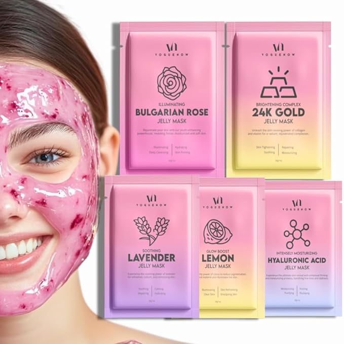 Jelly Mask for Facials - 5 Flavors Hydrating & Brightening Jelly Face Masks | Free Jade Roller & Spatula |Bulgarian Rose Lavender Hyaluronic Acid 24K Gold | Christmas Gifts for Women, Gifts for Women