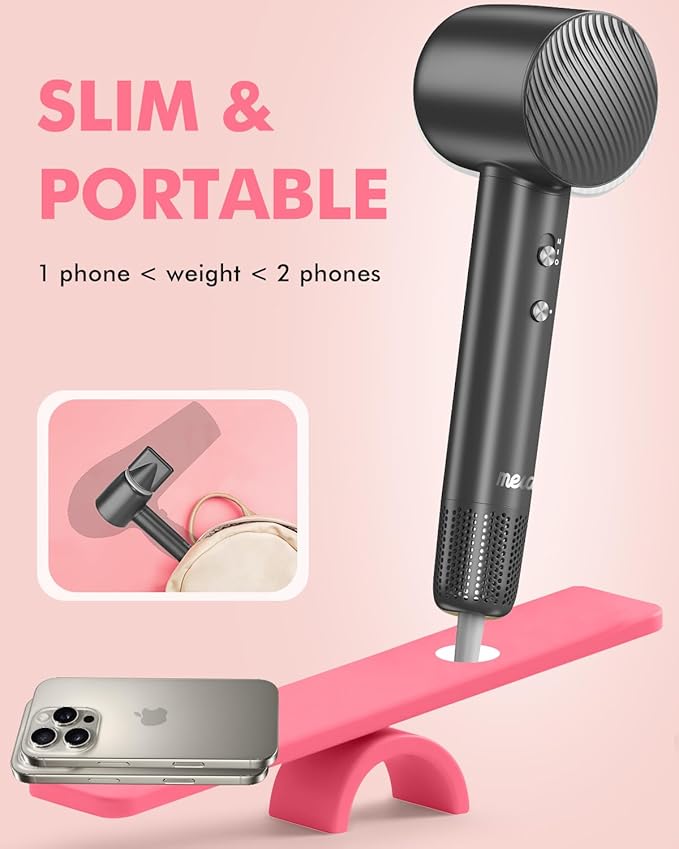 Ionic Hair Dryer - Mera M3, Professional Frizz-Fighting Blow Dryer, 5-Minute Fast Drying, Quiet Lightweight Travel Hairdryer with Snap-On Concentrator for Women