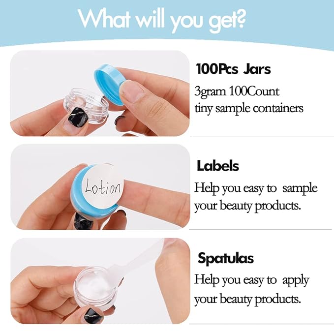 3 Gram Sample Jars with Lids, 100 Count Tiny Sample Jars, Empty Lip Balm Containers, Mini Cosmetic Containers with Lids, Makeup Travel Containers with Labels, Mini Disposable Spatulas