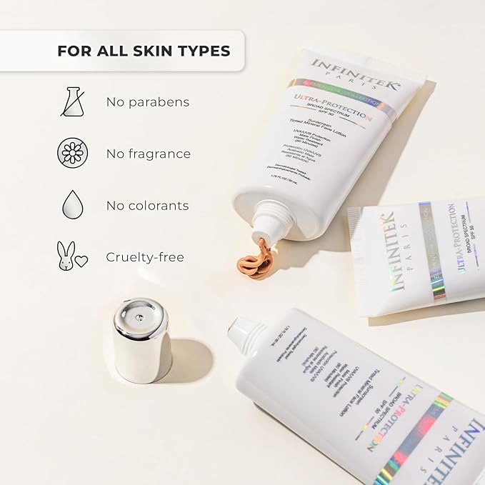 Infinitek Paris Skin Care Face Sunscreen Tinted Mineral Moisturizer Lotion SPF 50, 1.75Fl Oz - UVA/UBV and Blue Light Protection, Matte Finish, Water Resistant, Daily Lightweight Facial Sunblock