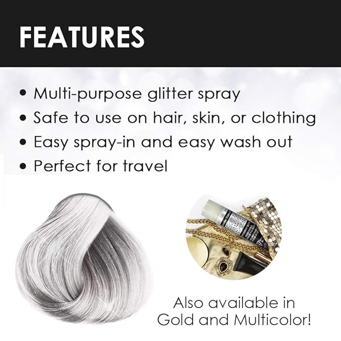 Jerome Russell Temporary Hair and Body Glitter Color Spray, Travel Spray, Lightweight, Adds Sparkly Shimmery Glow, Perfect to use On Hair, Skin, or Clothing, 2.2 oz - Silver x 3 Pack