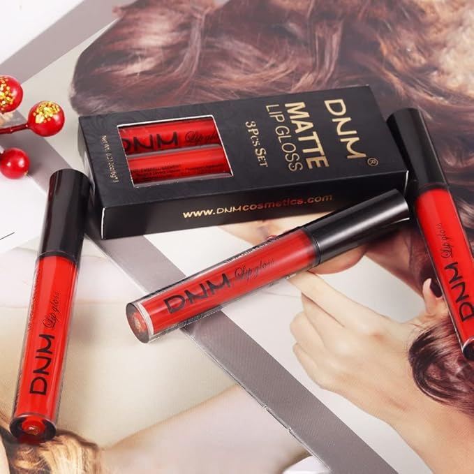 evpct 3Pcs Dark Ruby Fire Red Matte Liquid Lipstick Lip Stain Lipgloss sets for Women 24 Hour Red Matte Lipstick Long Lasting Smudge Proof