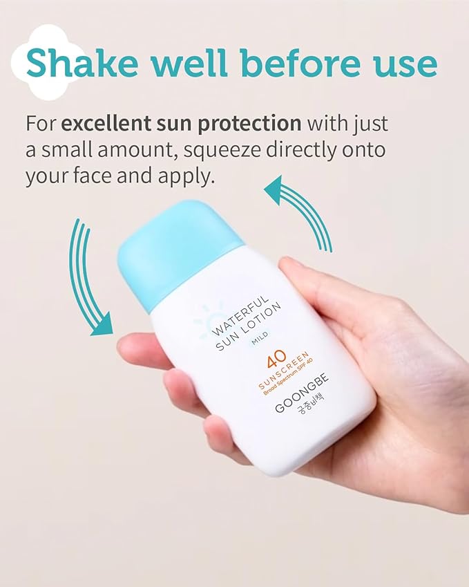 GOONGBE Waterful Sun Lotion Mild SPF 40 - Zinc Oxide Water Resistant Mineral Sunscreen for Babies, Kids & Adults - Hypoallergenic, Vegan, Reef-Safe - Korean Sun Care for Sensitive Skin, 2.82 fl.oz.