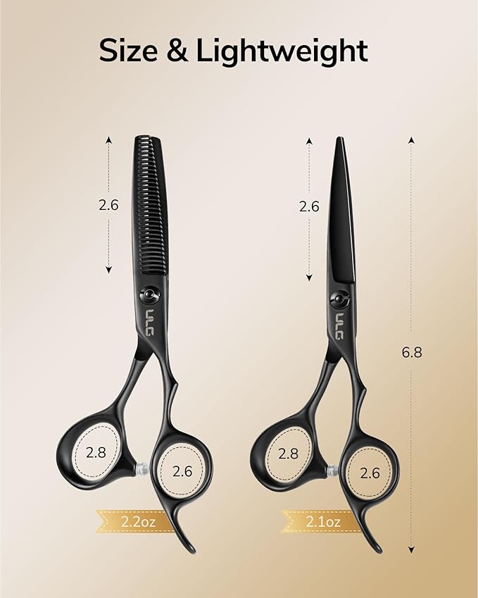ULG Professional Hairdressing Shears 2 Pack 6.5 Inch Hair Cutting Scissors and Thinning Shears with Ergonomic Handle Lightweight for Salon Use and Home Matte Black