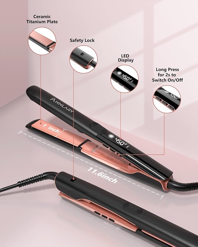 Hair Straightener, 1 Inch Flat Iron Hair Straightener and Curler 2 in 1, Professional Ceramic Ionic Dual Voltage Flat Iron with Anti-Iron Silicone for Less Frizz, Shinier & Smoother Hair