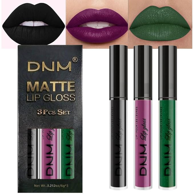 evpct 3Pcs Dark Black Grape Plum purple Emerald Green Matte Liquid Lipstick Lip Stain Sets for Women Matte+Lipstick Long Lasting 24 hr Hours Magic Lipstick 24 Hours original Waterproof 18#