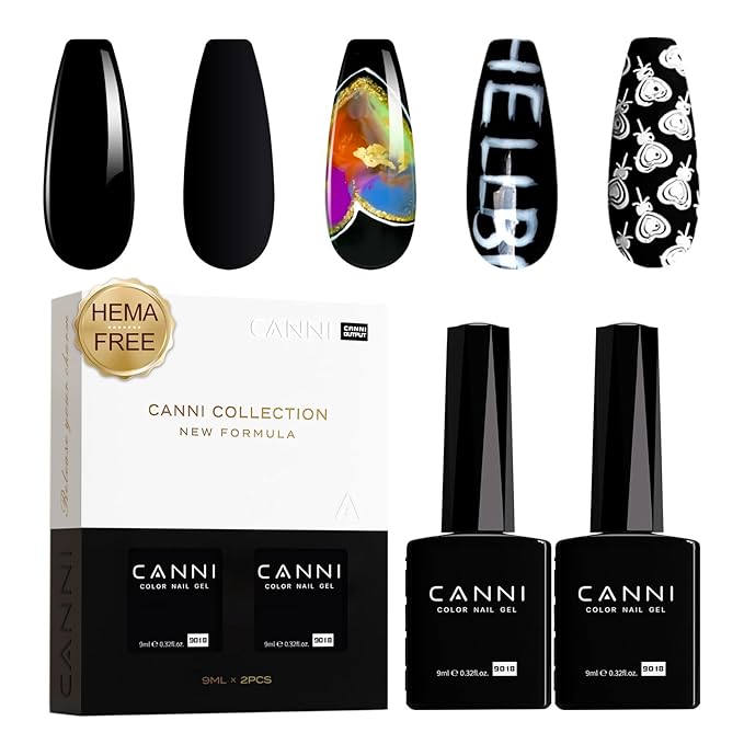 CANNI 2Pcs Hema-Free Black Gel Nail Polish Set- 2Pcs Black Colors Gel Polish Kit, Soak Off LED Nail Gel Manicure Kit DIY at Home Salon Gifts for Women Girls