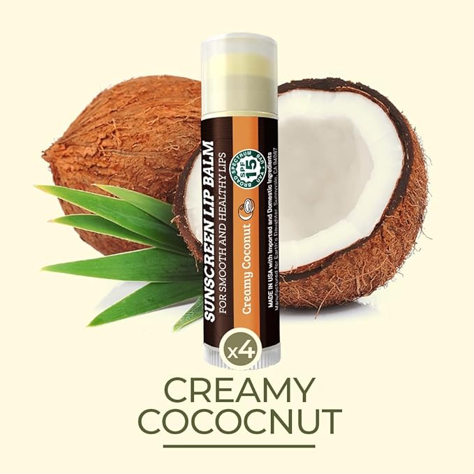 Earth's Daughter SPF Coconut Lip Balm 4-Pack Stocking Stuffers - Lip Sunscreen, SPF 15, Organic Ingredients, Beeswax, Coconut Oil, Vitamin E - Hypoallergenic, Paraben Free, Gluten Free, New