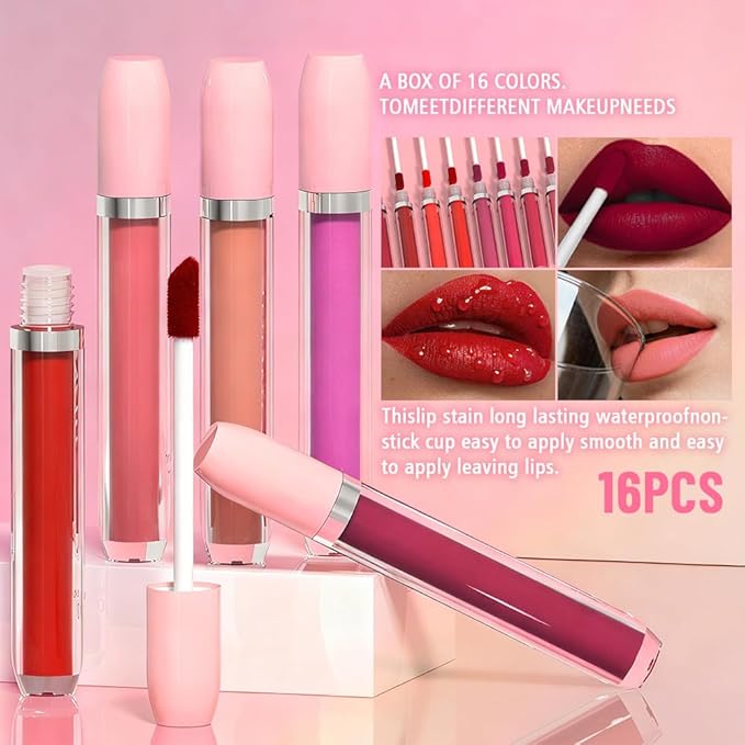 evpct 16Pcs Matte Liquid Lipsticks, Mauve Plum Purple Marron Orange Wine Red Pink Lipsticks Set, Long Lasting Waterproof Lip Gloss Highly Pigmented Lipstick Makeup 24hr Original Smudge Proof labial