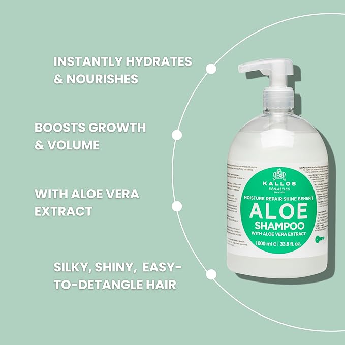 Kallos KJMN Aloe Vera Moisture Repair Shine Shampoo with for dry and damaged hair with a aloe vera extract – Pump 1000 ml - 33,81 Fl Oz