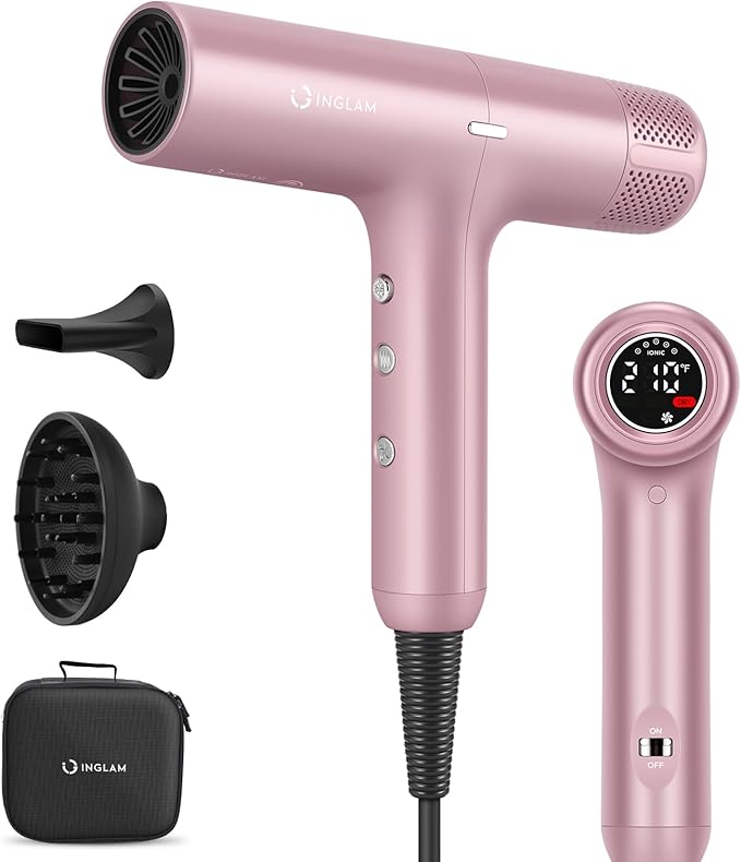 Hair Dryer, IG INGLAM 110, 000 RPM High-Speed Blow Dryer with LED Display, 1300W Low Noise Negative Ionic Hairdryer, 3 Temps & 3 Speeds Cool Switch & Memory Function, Lightweight, Rose Pink
