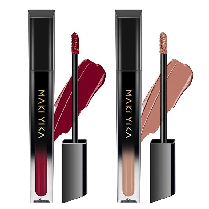 MAKI YIKA 2Pcs Matte Liquid Lipstick Set Burgundy Nude Lipstick Long Lasting Smudgeproof Transfer Proof Lip Makeup, Burgundy/LatteNude