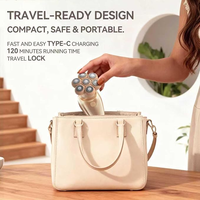 3-in-1 Electric Razor for Women’s Legs & Bald Head, IPX7 Waterproof Wet/Dry Grooming Kit with 7D Magnetic Blade, 120-Min Type-C Rechargeable Razor, Ideal Holiday Gift, Mocha