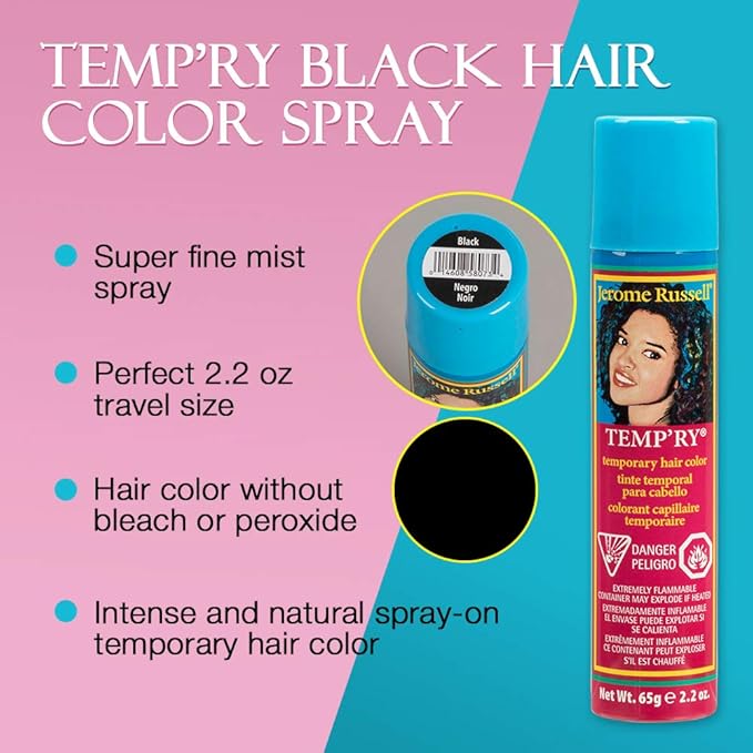 Jerome Russell Hair Color Spray, Black - 2.2 oz Intense Spray-On Temporary, Fast-Drying, Non-Sticky, Travel Size Dye for Instant Vivid