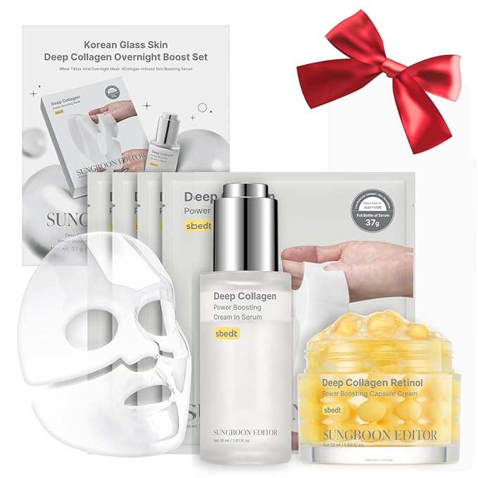 SUNGBOON EDITOR Holiday Spa Skin Bundle | Glass Skin | Gift, Stocking Stuffers | Deep Collagen Overnight Mask (4ea) & Deep Collagen Wrinkle Filler Serum & Retinol Capsule Cream