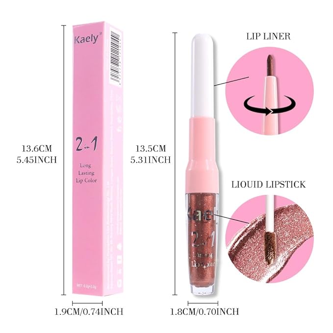 Kaely 2-in-1 Brown Metallic Lipstick and Lip Liner, Shimmer Liquid Metallic Lipsticks for Women, Glitter Lip Gloss Stain Long Lasting Waterproof Smudge Proof 24 Hour, Vegan Makeup, 08