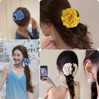 4pcs Handmade Fabric Rose Flower Hair Claw Clip for Women Girls, 3.94" Large Boho Hawaiian Floral Hairpins Barrettes for Thick Thin Hair Styling Accessories (Yellow Brown)