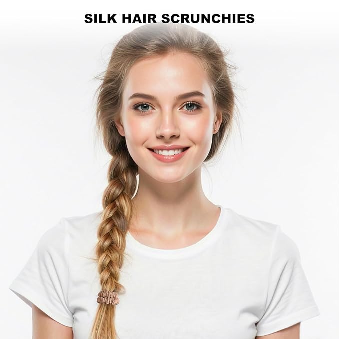 8Pcs Silk Scrunchies Hair Ties for Women & Girls, Mulberry Silk Scrunchies No-Damage Thin Satin Ponytail Holders for Hair Care(Clolor 07)