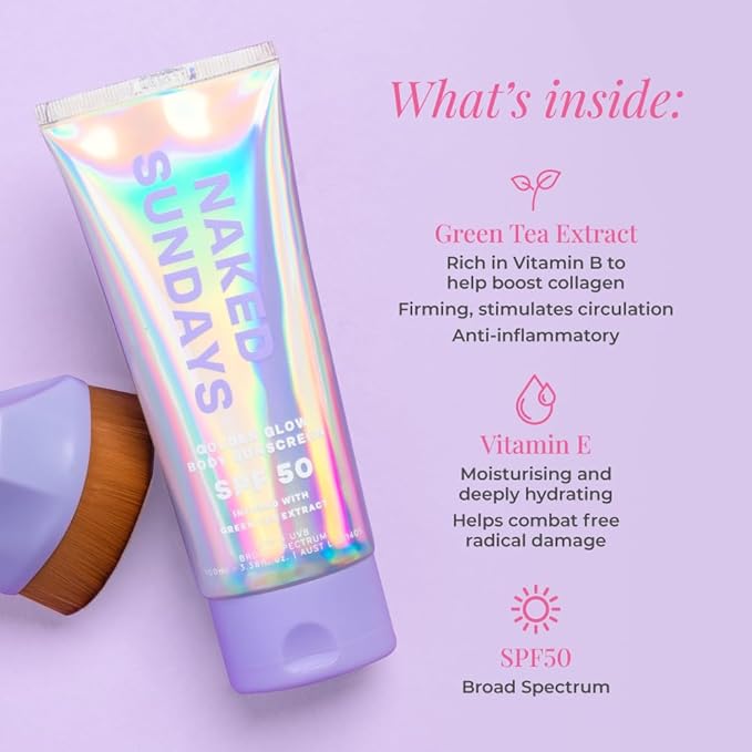 Naked Sundays SPF50 Golden Glow Body Sunscreen – Broad Spectrum UVA/UVB Protection, Glowy & Shimmering, Fragrance-Free, Firming, Non-Transfer SPF Lotion – 100ml