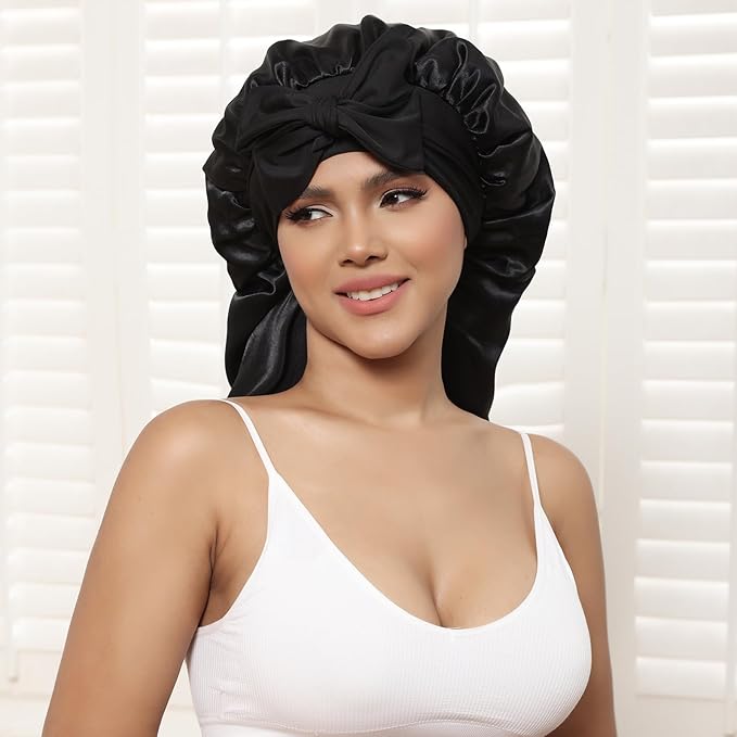 AWAYTR Long Satin Bonnet for Braids - Elastic Silk Hair Bonnets for Sleeping Night Cap Stretchy Tie Band for Women（Black）