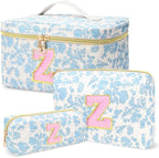 3 PCS Travel Makeup Bag Set, A–Z Initials Cotton Quilted Cosmetic Bag for Women & Preppy, Personalized Toiletry Bag Travel Accessories Makeup Brushes Organizer, Valentine’s Day & Birthday Gift for Her