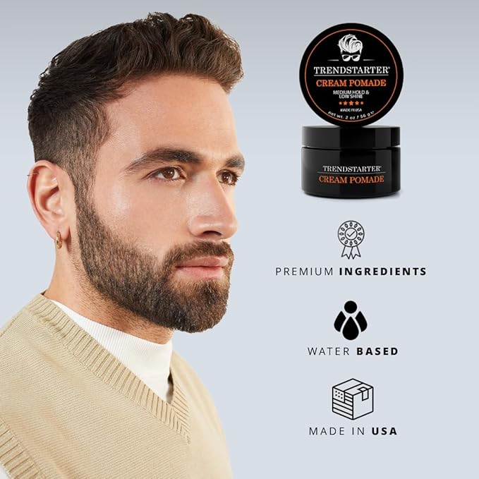 TRENDSTARTER - CREAM POMADE (2oz) - Travel Size - Medium Hold - Low Shine - Water-Based All-Day Hold Premium Hair Styling Pomade Putty Products