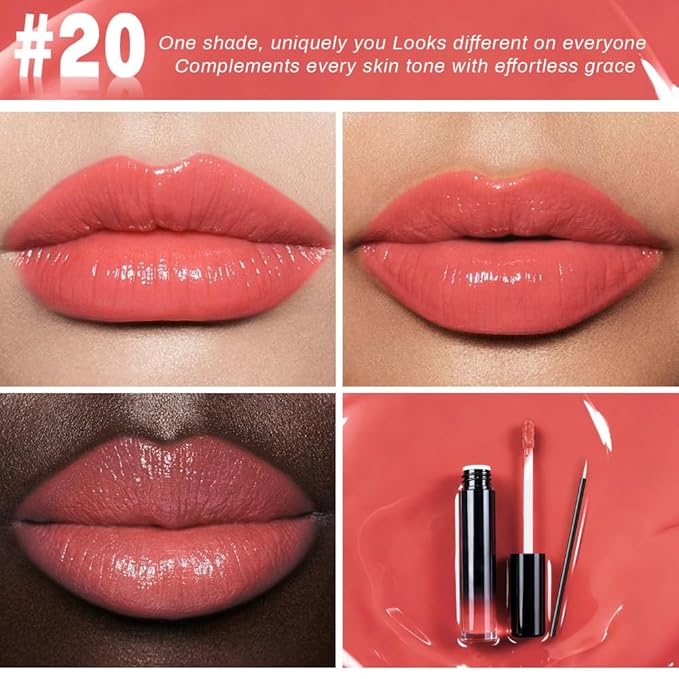 evpct Coral Nude Pink Shiny Longwear No-Budge Liquid Lip Color Lipstick Makeup, Highly Pigmented Color Instant Shine, Waterproof Long Lasting Lipstick Women Lip Stain Gloss with Lip Liner Brush, 20#