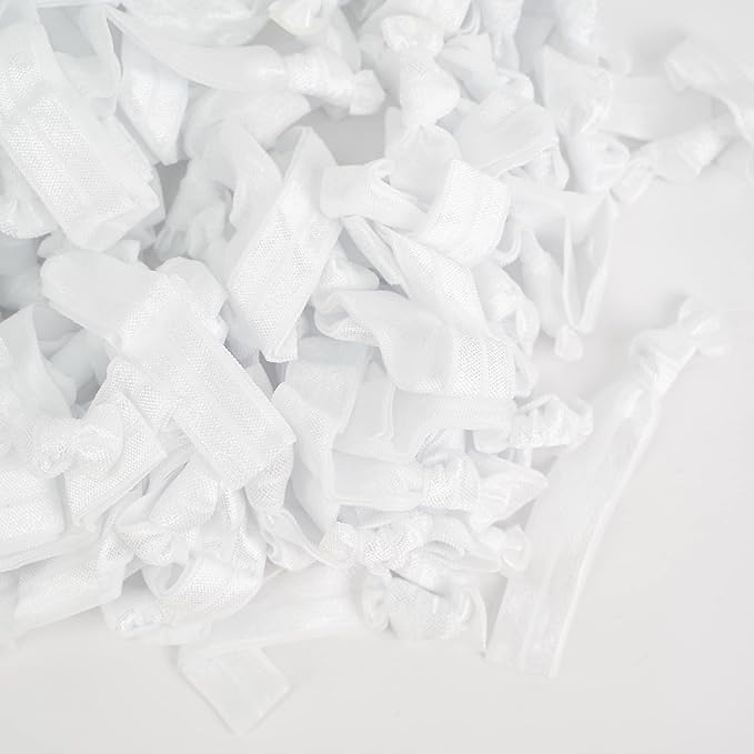 MEEDEE 100 Pack White No Crease Soft Ribbon Knotted Hair Ties - No Damage Ouchless Pony Tails & Yoga Bracelets for Women