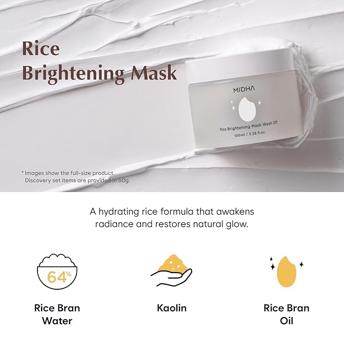 MIDHA RICE WASHOFF MASK DISCOVERY SET, 1.76oz x 3/50g, Dull Skin Care, Hydrating and Soothing, Pore Refining Treatment, Vitamin C face mask, Skincare for Travel, Mini Skincare Kit, 3-in-1 Set