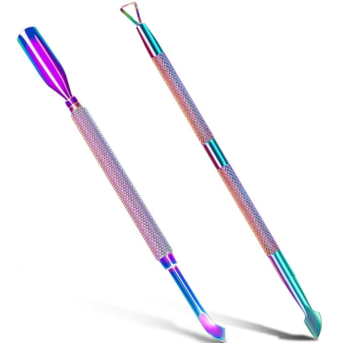2PCS Metal Cuticle Pusher and Scraper (Chameleon/Rainbow), Colorful Nail Trimmer Cutter Stainless Steel Gel Scraper Tool, Polish Remover Peeler Salon Manicure Cleaner for Fingernail and Toenail