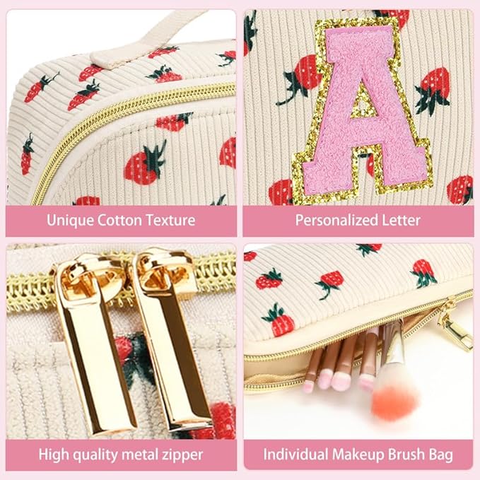 Personalized Travel Makeup Bag Set,Initial Travel Strawberry Makeup Organizer Bag,Toiletry Skincare Cosmetic Bag, Valentine's Day Gifts for Women/Girls/Teen,Open Flat Toiletry Pouch with Brush Bag