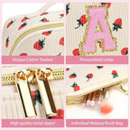 Personalized Travel Makeup Bag Set,Initial Travel Strawberry Makeup Organizer Bag,Toiletry Skincare Cosmetic Bag, Valentine's Day Gifts for Women/Girls/Teen,Open Flat Toiletry Pouch with Brush Bag