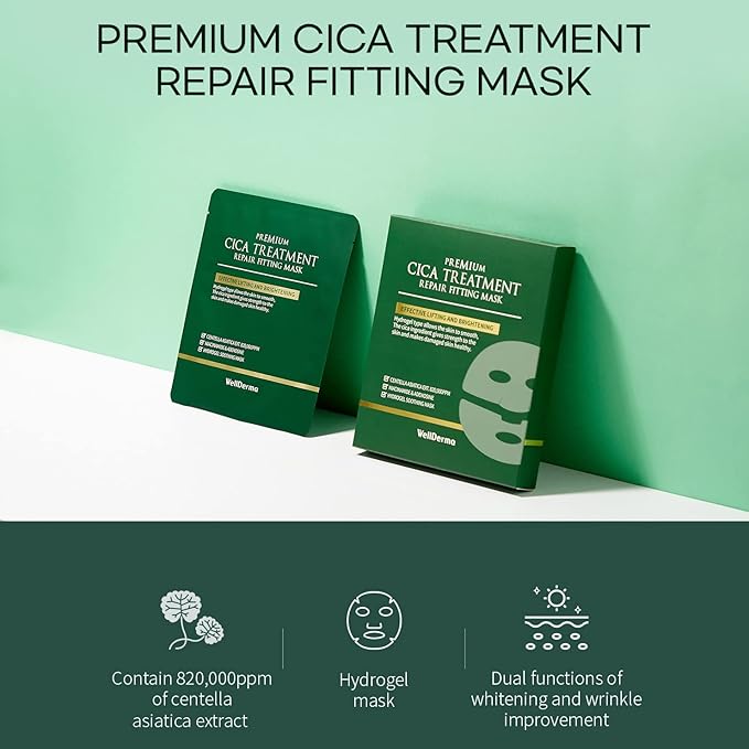 WELLDERMA Premium Cica Treatment Hydrogel Fitting Mask, 25g x 4 Sheets – Soothing & Hydrating Hydrogel Sheet Mask with Centella Leaf Water, Niacinamide & Hyaluronic Acid