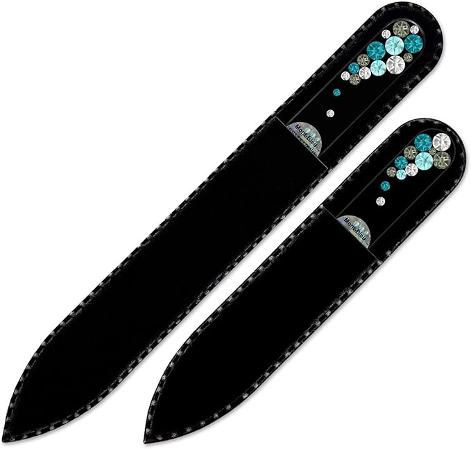 Mont Bleu Set of 2 Glass Nail Files Hand Decorated with Crystals - in Black Velvet Sleeve - Genuine Czech Tempered Glass - Birthday Gifts for Women - Crystal Nail Files for Natural Nails