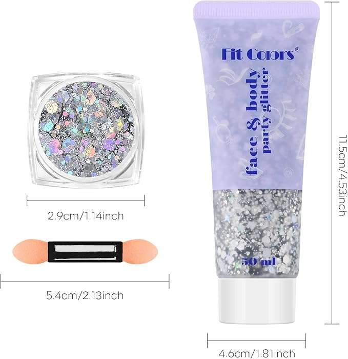 Silver Face and Body Glitter Gel, Party Concerts Cheer Face Paint Holographic Chunky Festival Rave Accessories Glitter Makeup Gel, 6 Kinds of Sparkling Sequins for Hair Nail Eye Lip Body