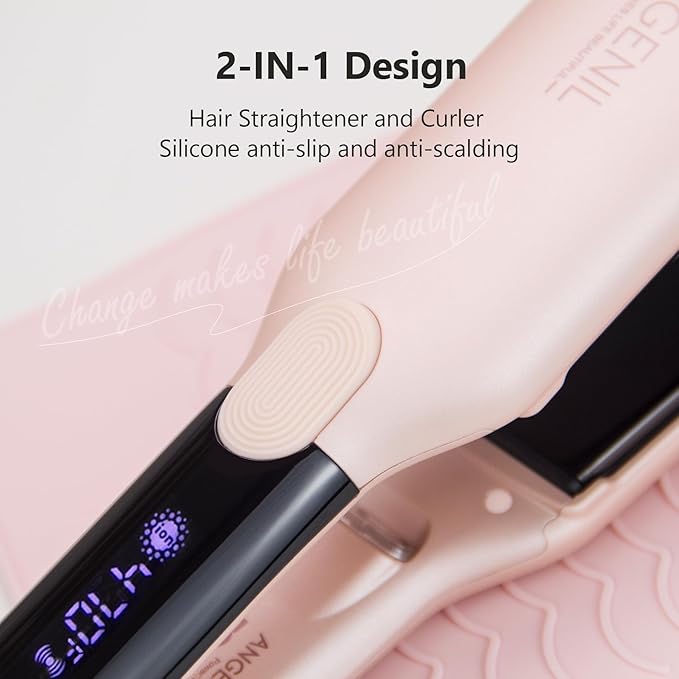 ANGENIL Pro Titanium Flat Iron Hair Straightener 1.75" Wide, Salon Grade Dual Voltage Straightening and Curler 2-in-1 with Heat Resistant Silicone Mat, Adjustable Temp 240°F-470°F, 15s Fast Heating
