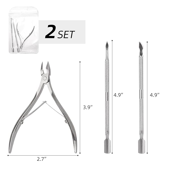 2 Set Cuticle Trimmer with Cuticle Pusher and Cutter, Stainless Steel Manicure Kit for Women Fingernails and Toenails