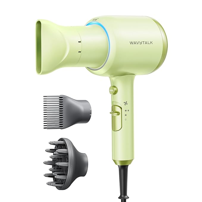 Wavytalk Hair Dryer with Diffuser, Blown Away Ionic Hair Dryer for Curly Hair with Comb, 1875W Fast Drying Blow Dryer with Ceramic Technology, 3 Attachments for All Hair Types, Light and Quiet, Green
